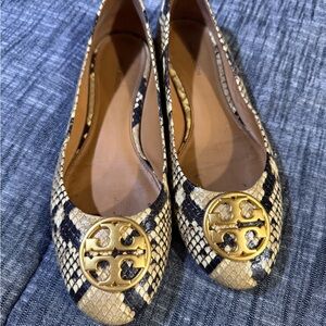 Tory Burch Snake-Print Ballet Flats with Gold Logo